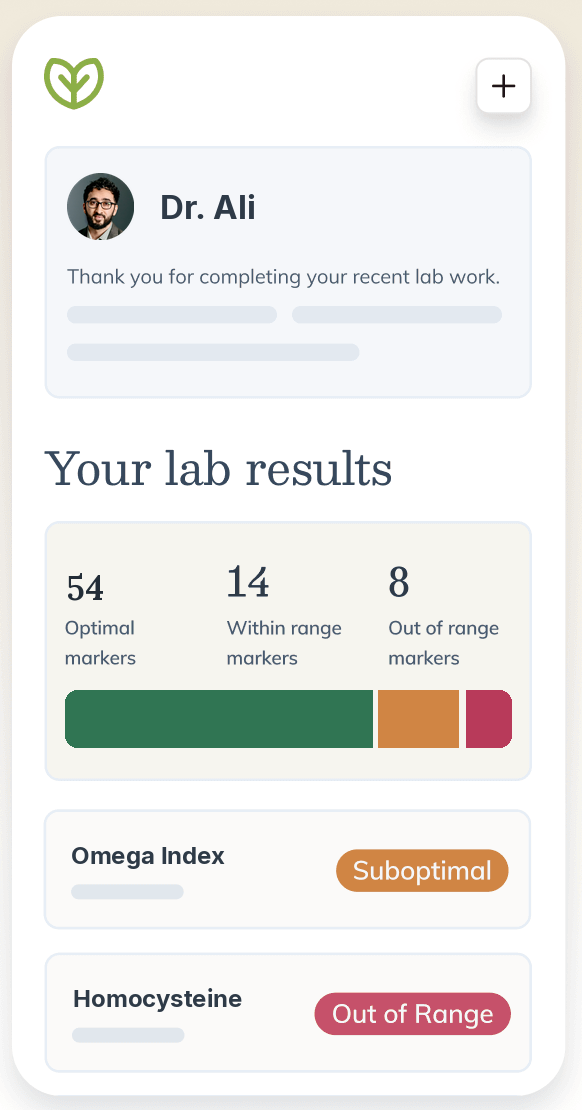 The Fullscript app showing a welcome message from Dr. Ali and a summary of lab results