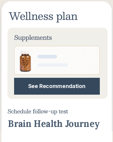 A personalized wellness plan in the Fullscript app, with supplement recommendations and a follow-up Brain Health Journey